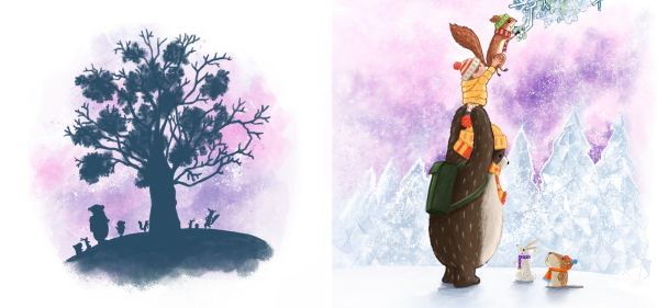 Links die Silhouette eines Baums mit Bär und Tieren vor rosa Himmel, rechts ein Kind und Eichhörnchen auf den Schultern des Bären, das nach einem vereisten Mistelzweig greift.