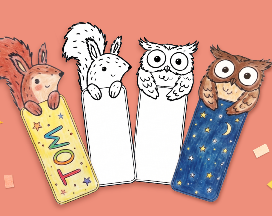 Tier-Lesezeichen mit Eichhörnchen und Eule, jeweils als leere Ausmalvorlage und bunt ausgemalt, eines mit dem Namen „Tom“; daneben Buntstifte, Schere und Klebestift.