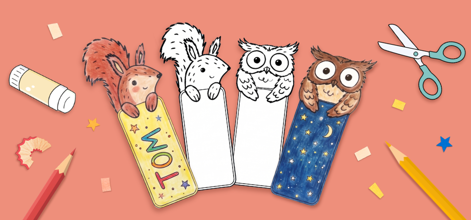 Marcapáginas de animales con ardilla y búho, en plantilla para colorear y ya coloreados, uno con el nombre «Tom»; al lado, lápices de colores, tijeras y una barra de pegamento.